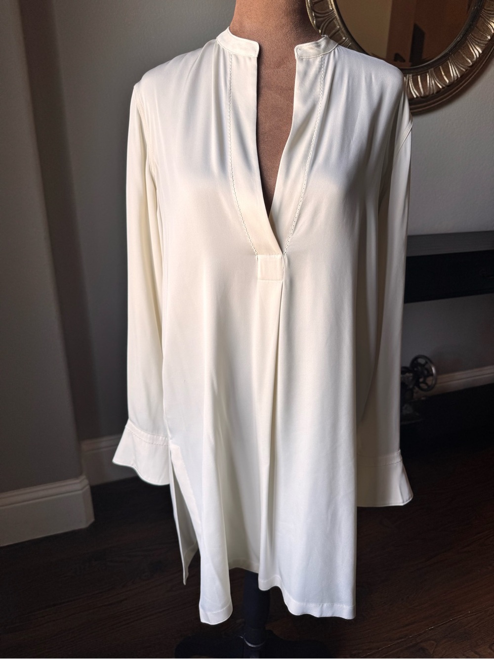 Helmut Lang Ivory Silk Tunic Dress Split Neck Long Sleeve Minimalist Small